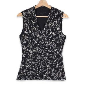 WHBM Black & White Floral Ruched-Front V-Neck Sleeveless Top  Size Medium